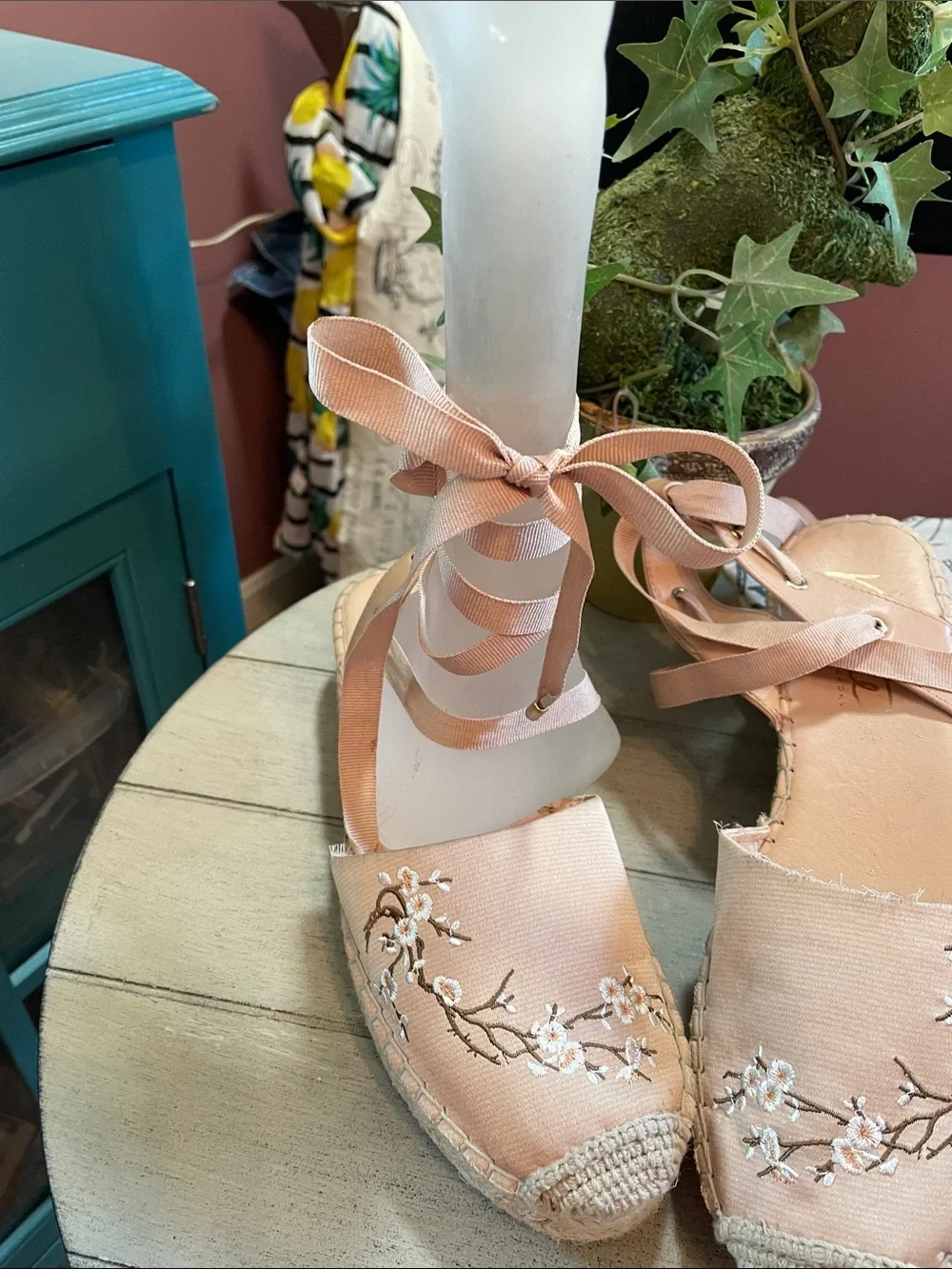 Nanette Lepore Blush Pink Embroidered Espadrille Lace-Up Flats